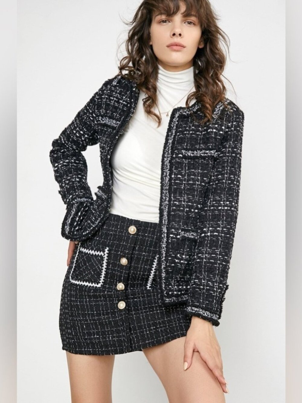 J.ING Black Tweed Round Neck Jacket Outwear